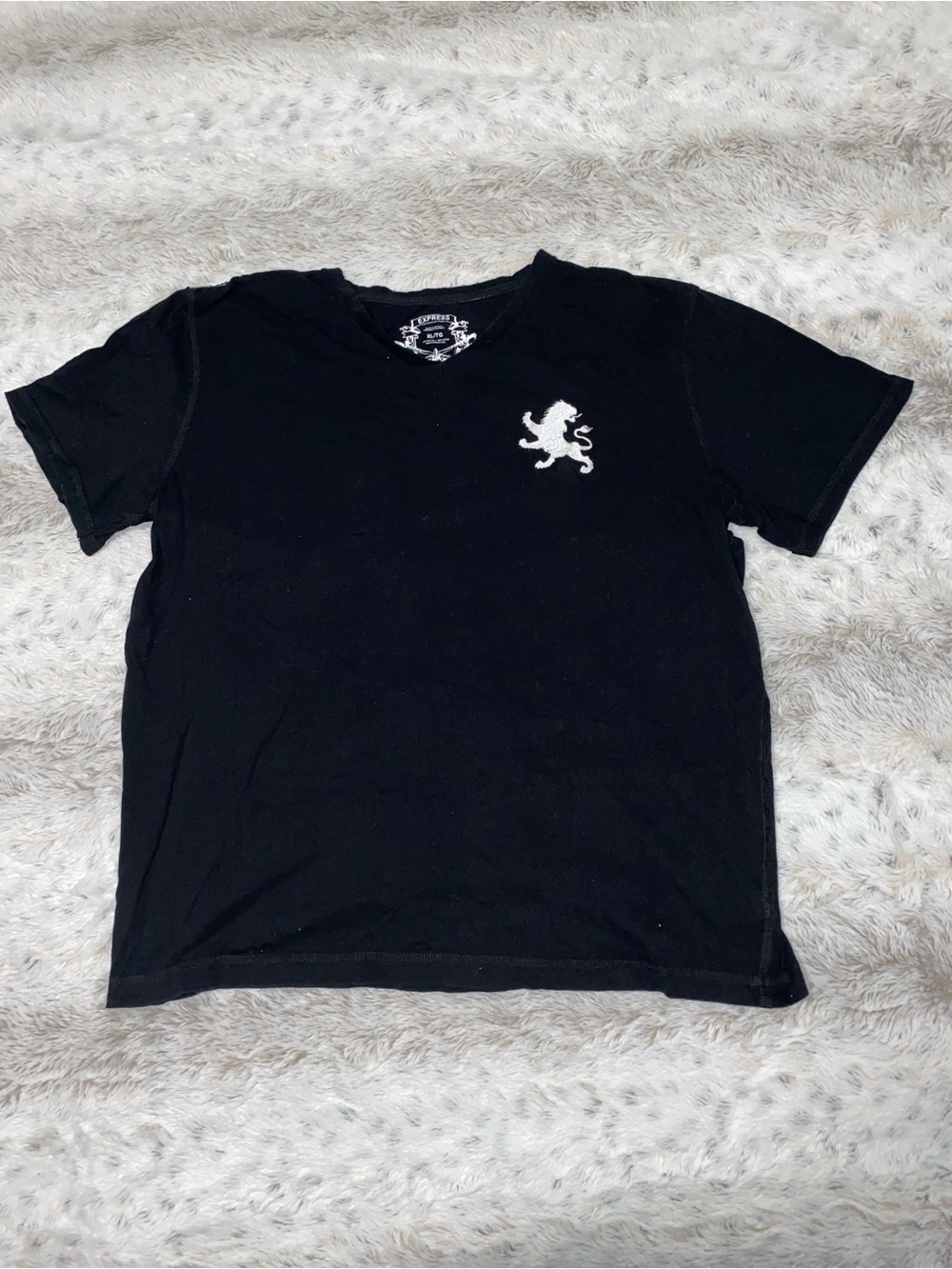 Express Black V-Neck Short Sleeve Shirt with White Lion Emblem